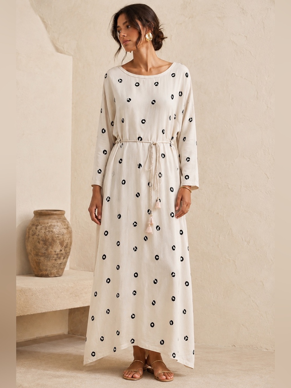 The Odells Anthropologie  Polka Dot Caftan Dress Cream Black M Lagenlook Coastal